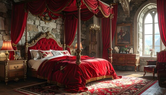 Luxurious four-poster bed with red velvet drapes in a stone room