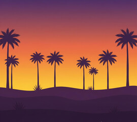 Obraz premium Beautiful sunset over a desert landscape with silhouetted palm trees and rolling dunes creating a serene and tranquil tropical ambiance