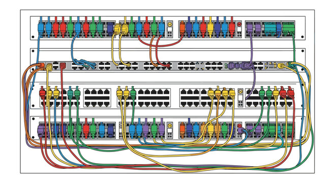 A meticulously organized network patch panel displays a structured arrangement of colorful ethernet cables connected to multiple ports in a rack.