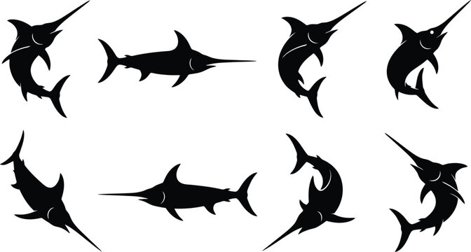 Collection of eight black silhouette of marlin fish