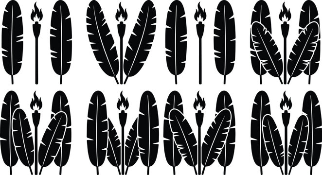 Tropical foliage and torches seamless pattern black and white tropical leaves and tiki torches arranged in a repeating pattern for decorative backgrounds or textile with a primitive island vibe