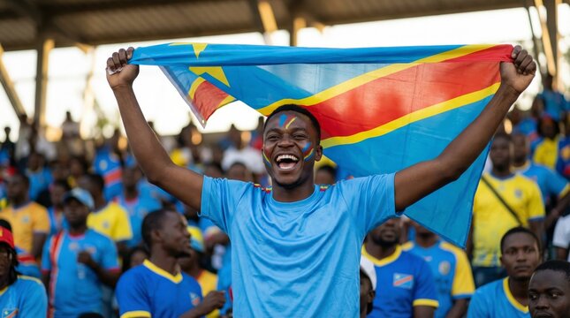 Congolese male football fan celebrating with Congo flag in stadium world cup 