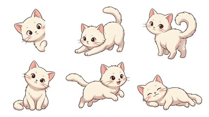 Fototapeta premium White cartoon cats in various playful poses on clean background