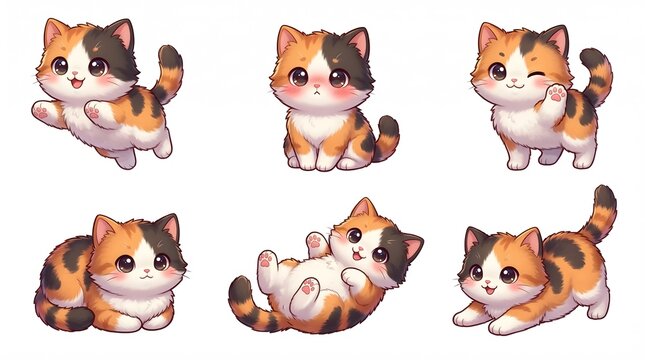 Six cute cartoon calico cats in various playful poses isolated on white
