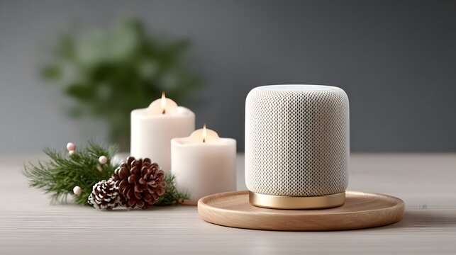 Cozy winter scene with candles and pine sprig pine cone still life home decor