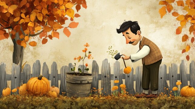 Farmer Planting Seeds in Autumn Garden Cartoon Style