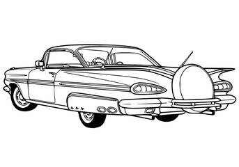Classic 1950s Vintage Coupe with Continental Spare Tire Kit Illustration Retro Line Art © создать 8 углов