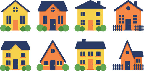 Fototapeta premium Bright and Colorful House Icon Set with Various Styles, Roof Shapes, and Gardens for Real Estate, Home, and Family Designs