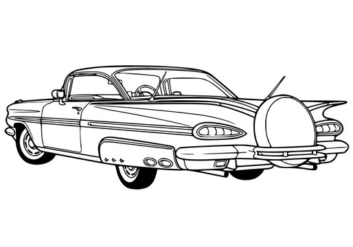 Classic 1950s Vintage Coupe with Continental Spare Tire Kit Illustration Retro Line Art