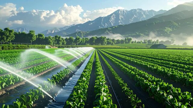 Lush green fields being irrigated with backdrop of mountains and a blue sky