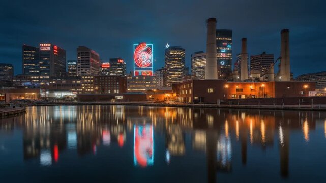 Baltimore Inner Harbor Night Skyline and Light Animation