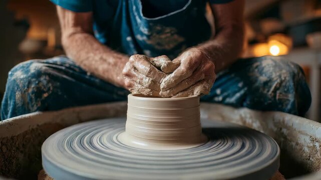 A skilled artisan shapes clay on a spinning pottery wheel, focusing intently on crafting a symmetrical ceramic vessel. The studio environment highlights the creative pottery making process