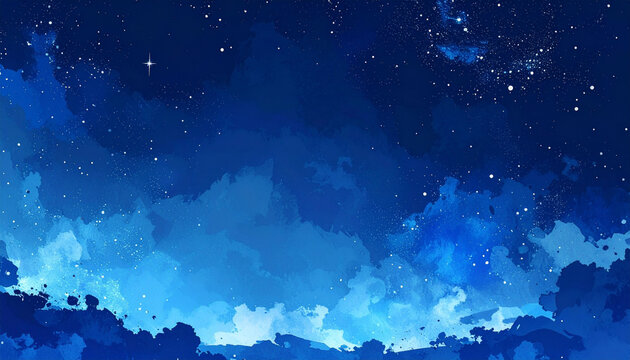 水彩タッチで描かれた美しい青い星空の背景素材。幻想的なグラデーションと無数の輝く星々が特徴で、広大な宇宙や夜の静けさ、夢のような世界を表現しています。ポスターやバナー、Webサイトの背景、SNS投稿、プレゼンテーション資料など幅広い用途に利用できる、上部に文字入れしやすいコピースペースを備えた横長デザイン。