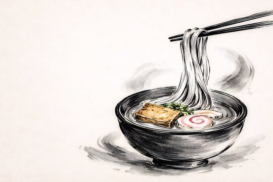 湯気立つきつねうどんと箸で麺を持ち上げる墨絵風イラスト｜水墨画アート