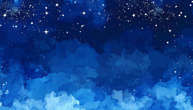幻想的な水彩の星空が広がる青色の背景素材。深い紺色から水色へのグラデーションと、美しく輝く星々が特徴の、ロマンチックで落ち着いた雰囲気のイラストです。Webサイトの背景、SNS投稿、バナー、イベント告知、メッセージカード、ポスターなど、幅広い用途で文字入れスペースとして活用できるデザインです。