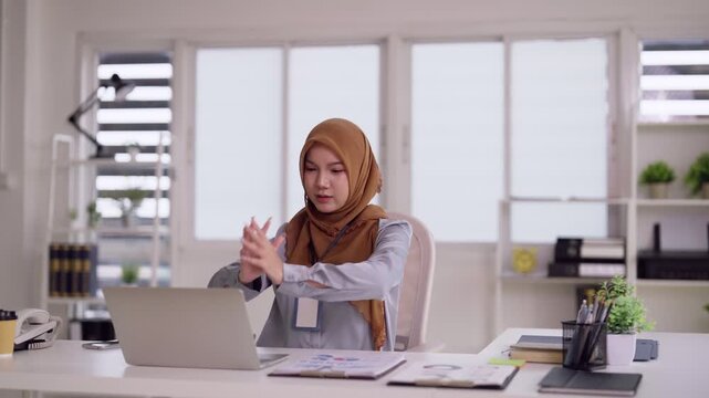 Asian Adult Businesswoman Stretching Arms Laptop Desk Relieve Fatigue Work Professional Wellness Exercise Break