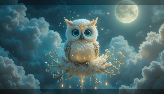 A cute tiny baby owl made of soft moonlight and feathers, big luminous teal eyes, perched on ornate clouds 