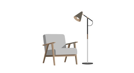 Fototapeta premium A stylish mid-century modern armchair with light grey fabric and tapered wooden legs sits beside a sleek black floor lamp in a pristine minimalist setting.