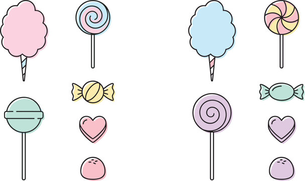 Sweet Candy and Lollipop Icon Set with Cotton Candy, Hard Candies, Lollipops, and Gummy Sweets for Dessert, Confectionery, and Party Designs