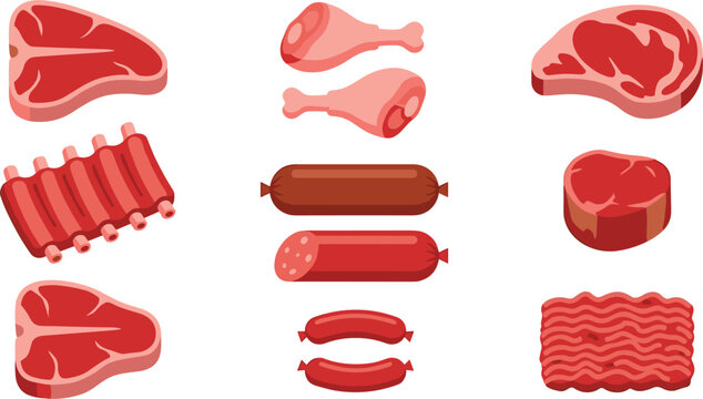 Meat and Sausage Icon Set with Steak, Ribs, Bacon, Sausage, and Ground Beef Illustrations for Food, Grill, and Butcher Shop Designs