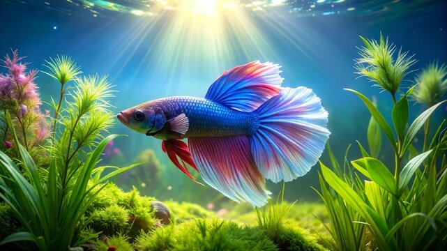 A colorful Betta fish swims underwater surrounded by vibrant aquatic plants