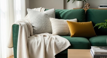 Fototapeta premium Cozy Textured Pillows and Soft Throw Blanket Draped Over a Plush Green Sofa for Inviting Living Room Comfort