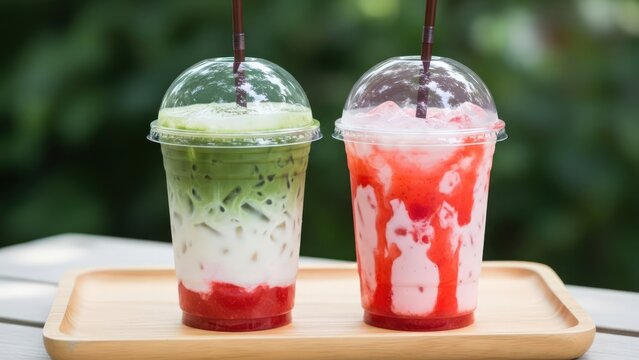 Two colorful iced beverages, green matcha and pink strawberry, in plastic cups on a tray