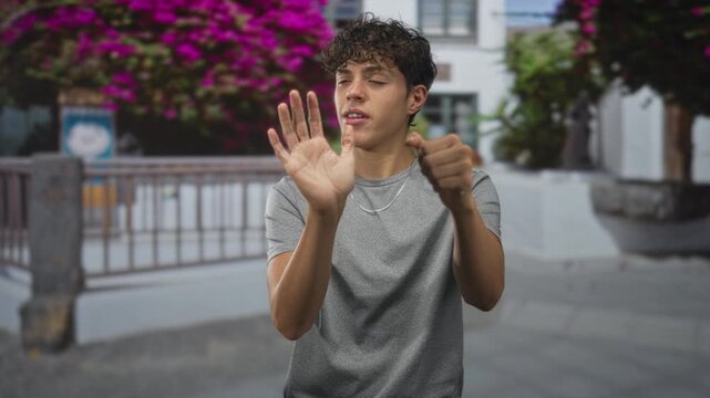 Teenage man lifts open hand to block his face while miming steering with the other hand in street near flowering bushes and railing; playful energy.
