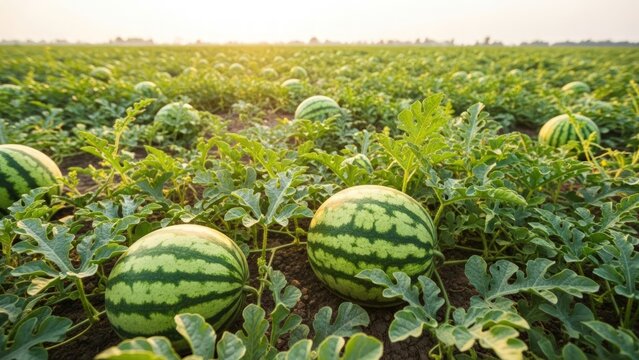 A field of ripe watermelons basks in the sunlight, ready for harvest