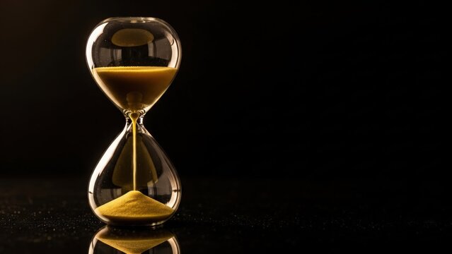 Close-up of a glass hourglass with golden sand flowing against a black background