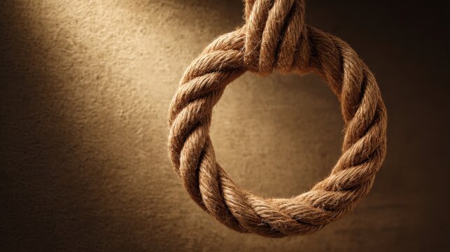A noose made of thick, knotted rope hanging, with an ominous and suspenseful ambiance. The rope's texture is detailed, casting a dramatic shadow on the background