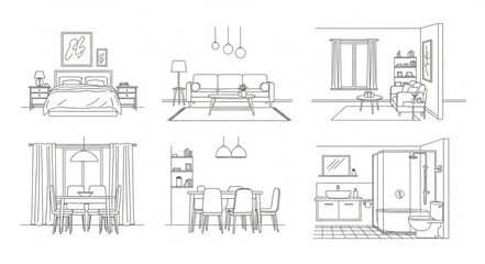 Obraz premium Interior Design Sketches - Living Room, Dining Area, and Bedroom Concepts.