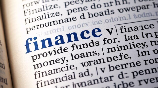 The word finance is prominently displayed in blue on a dictionary page with its definition related to money and loans