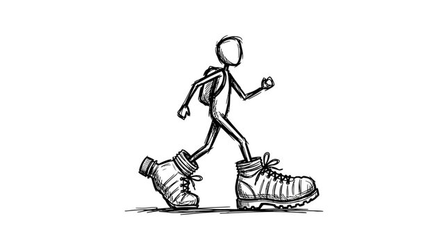 Cartoon Stick Figure Hiking With Oversized Boots