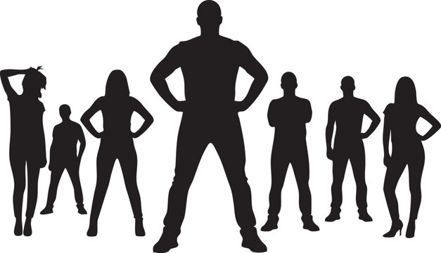 A diverse silhouette illustration depicting various human figures of different heights and poses