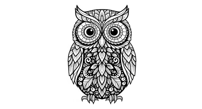 Intricate Owl Illustration with Detailed Feather Patterns and Large Eyes.