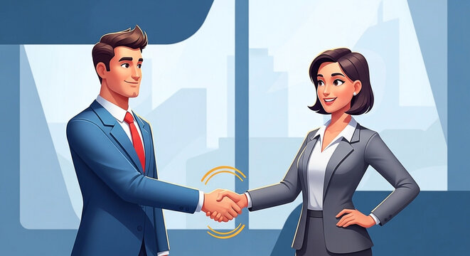 Professional handshake between smiling business partners in a modern office setting