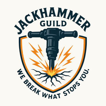 Jackhammer guild emblem with raw power and destruction graphic. Suitable for gaming guild logos or constructionrelated businesses branding.