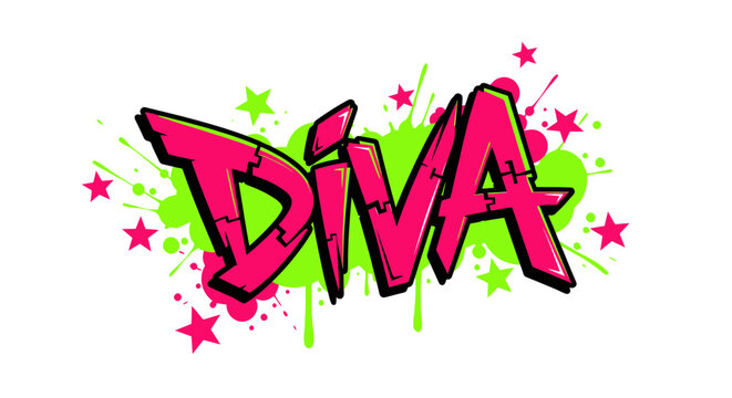 Diva Graffiti Art - Pink and Green Splatter, Stars, Urban Style