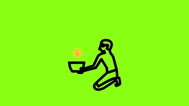 Minimalist Line Art of a Beggar with a Bowl on a Green Background.