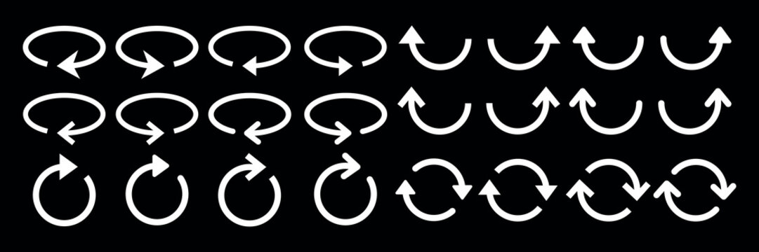 Set of white arrow icons on a black background. Various arrow directions and styles. Arrows include circular, curved, and straight designs. Element vector set.
