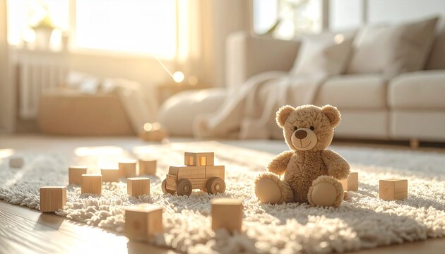 Cozy living room with teddy bear and wooden blocks on a fluffy rug hari bumi warm sunlight