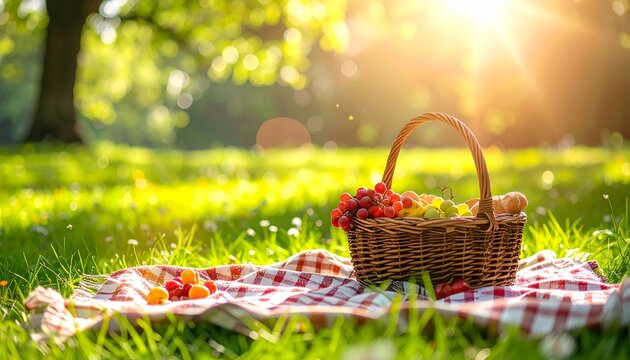 Picnic basket on a red and white checkered blanket in a sunny green meadow with flowers hari bumi outdoor leisure