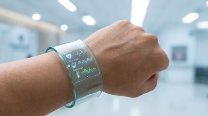 Fototapeta premium Smartwatch on wrist in modern office setting.
