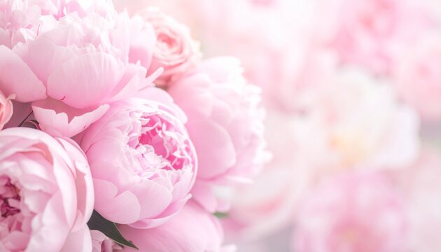 Beautiful pink peonies flowers in bloom on a soft focus background, celebrating hari bumi with a delicate floral arrangement