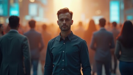 Naklejka premium isolated man in blurred city crowd