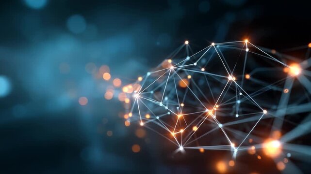 Abstract digital network with glowing connections and nodes on a dark background, representing futuristic technology and data transfer. Modern visualization of artificial intelligence concepts