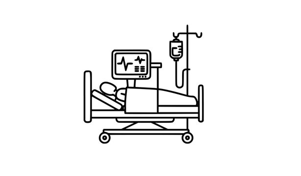 Recovery room line icon with hospital patient bed IV and monitor editable stroke vector