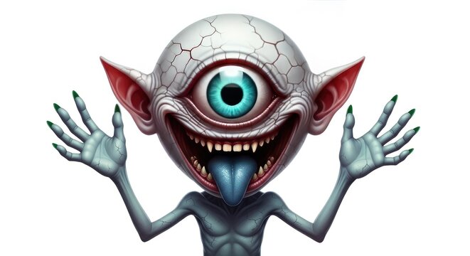 A cartoon creature with one eye and sharp teeth appears happy and playful indoors with hands up.