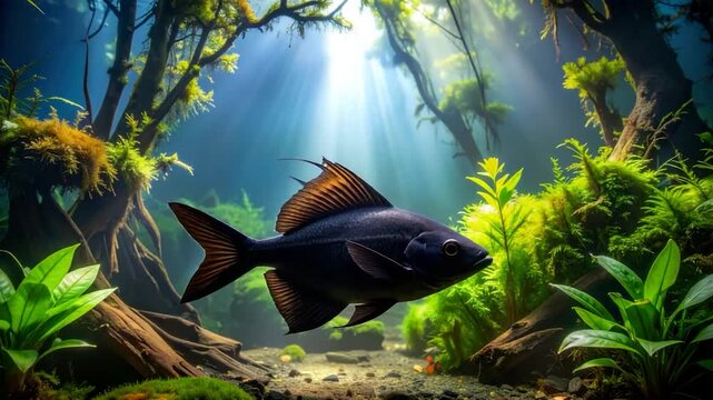 A solitary fish swims amidst lush greenery and ethereal sunlight